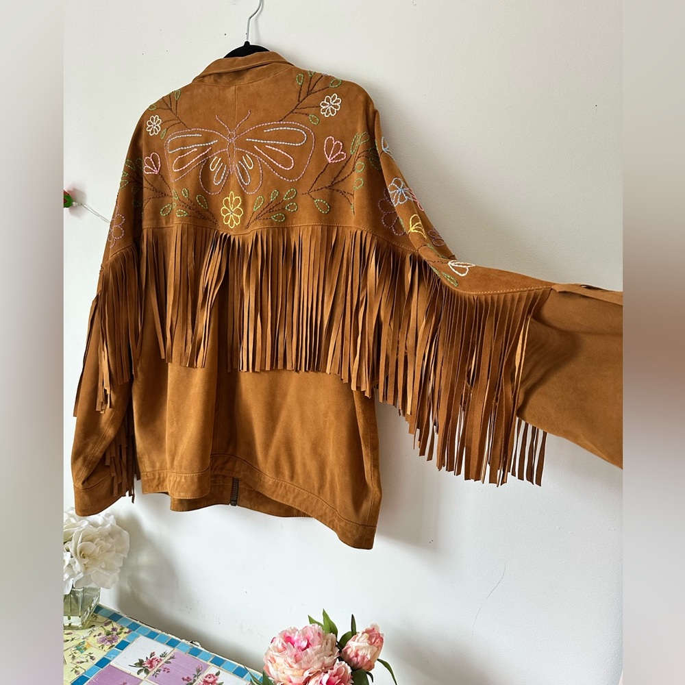Free People Willa Western Bomber Brown Leather Jacket Fringe Embroidery L XL - Picture 6 of 11